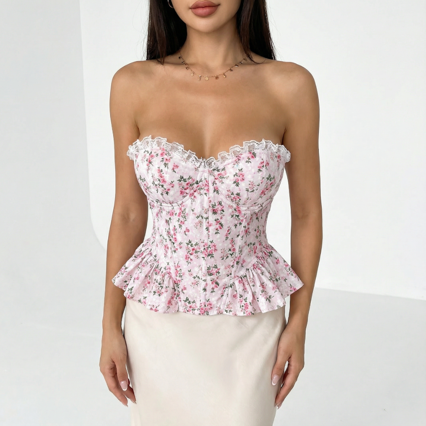 Oberteil mit floraler Spitze und Rüschen an der Taille