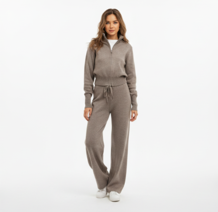 Zweiteiliges Set, lässiger Cardigan-Anzug mit Doppelreißverschluss